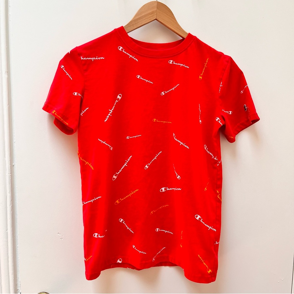 Champion All over Logo Print Red Short Sleeve Kid's T-Shirt size XL